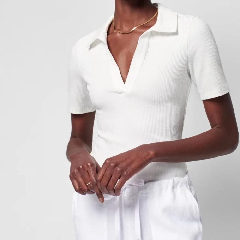 Faherty White Fitted Ribbed Polo Bodysuit